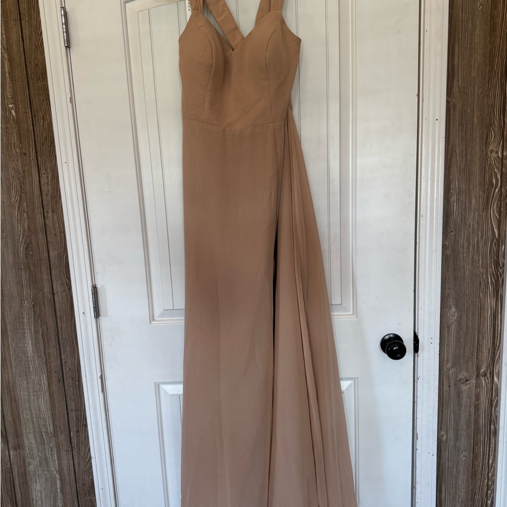 Azazie Nude/Taupe Bridesmaid Gown with V-Neck and Draped Overlay